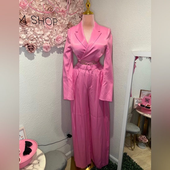 Zara Set - Pink Cropped Satin Effect Blazer & Full Length Pants - Picture 17 of 17